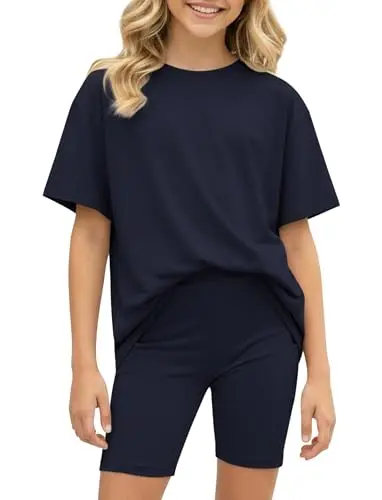 PATPAT Girls 2 Piece Lounge Set in navy blue with oversized top and biker shorts