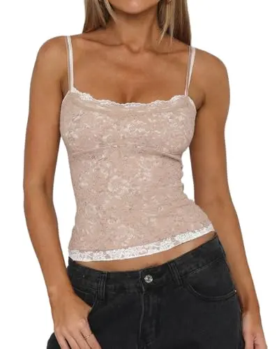 QINSEN Women's Lace Cami Tank in light nude with scoop neck and two-tone trim