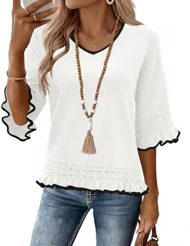 LOMON 3/4 Sleeve Ruffle Crochet V Neck Sweater with black edged detail