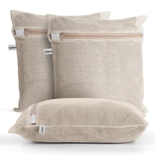 OKAKA 100% Pure Cotton Mesh Laundry Bags in natural color, set of 4