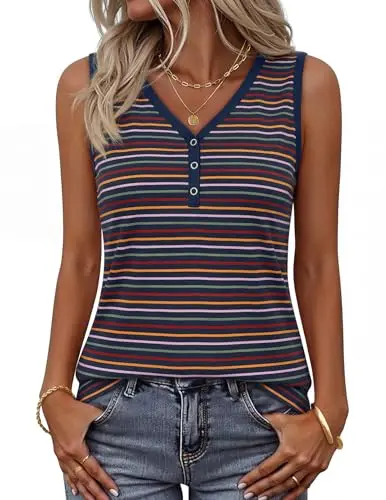 Merokeety Women's Summer Tank Top in navy with V-neck, stripes, and button details