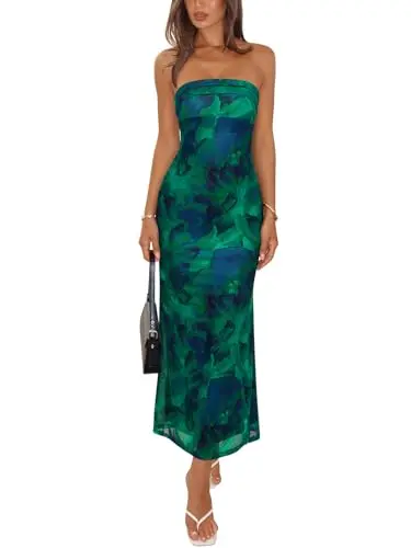REORIA floral strapless midi dress with backless design