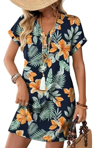 WIHOLL short sleeve summer dress with decorative buttons and V-neck