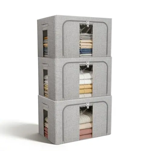 Amiya Clothes Storage Bins with metal frame and clear windows, shown in grey linen fabric
