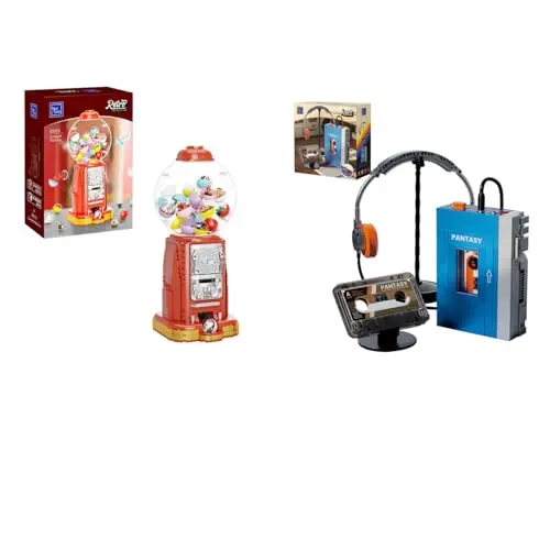 Pantasy Retro Nostalgia building block set showing a gumball machine and cassette player with metallic finish