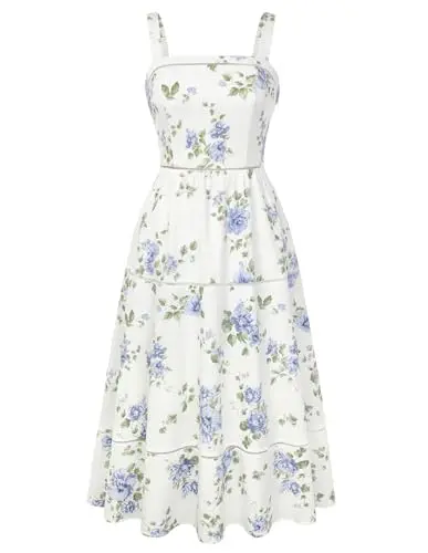 Belle Poque Tiered Dress with square neck and floral print in white and blue