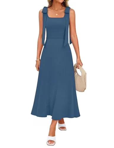 ZESICA knit sweater midi dress in dusty blue with square neck and bow straps