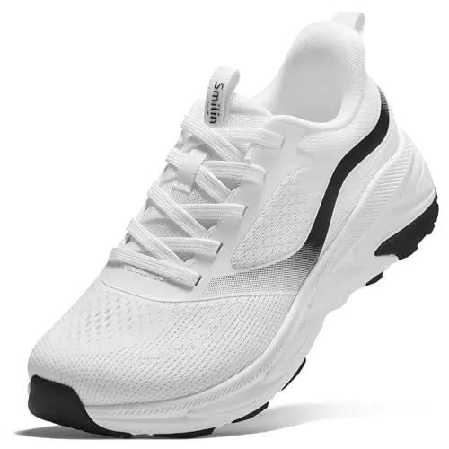 SMILIN women's white wide width lace-up walking shoes with arch support
