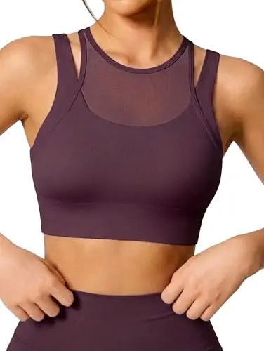 OQQ Mesh Cutout sports bra in deep purple with mesh detailing