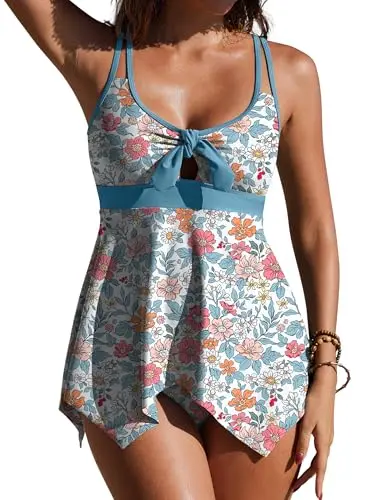SHESHOW colorblock tankini with flower print and tummy control