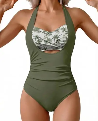 SHESHOW one-piece swimsuit in green with a halter neck, front and back cutouts, and a ruched waist
