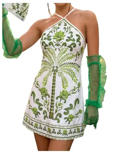 MakeMeChic Women's Halter Mini Dress in green tropical print